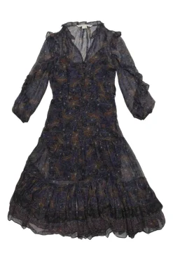 Navy silk abstract bird print button-loop front A-line tiered ruffle midi dress with blouson sleeves