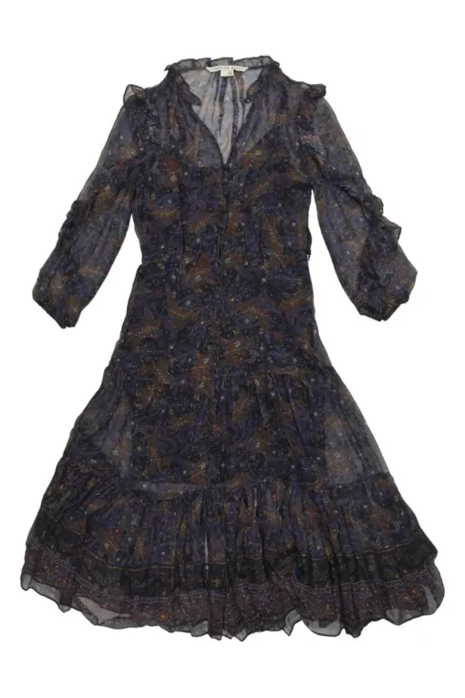 Navy silk abstract bird print button-loop front A-line tiered ruffle midi dress with blouson sleeves