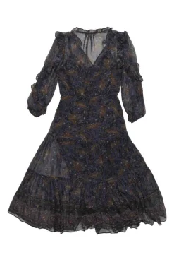 Navy silk abstract bird print button-loop front A-line tiered ruffle midi dress with blouson sleeves