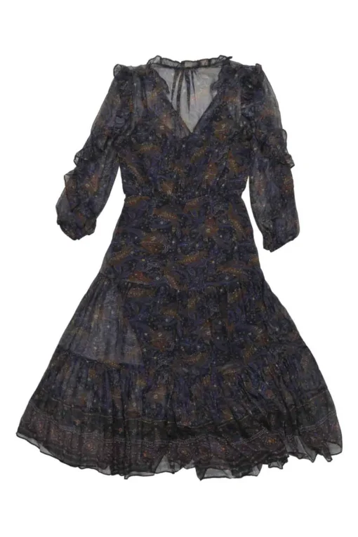 Navy silk abstract bird print button-loop front A-line tiered ruffle midi dress with blouson sleeves