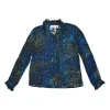 Navy silk abstract print pussy-bow blouse with frill-trimmed stand collar and cuffs