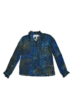 Navy silk abstract print pussy-bow blouse with frill-trimmed stand collar and cuffs