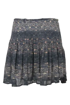 Navy silk abstract print pull-on drop-waist mini skirt with tucked waistband
