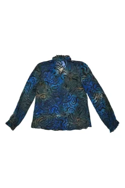 Navy silk abstract print pussy-bow blouse with frill-trimmed stand collar and cuffs