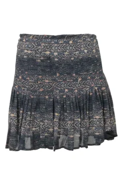 Navy silk abstract print pull-on drop-waist mini skirt with tucked waistband