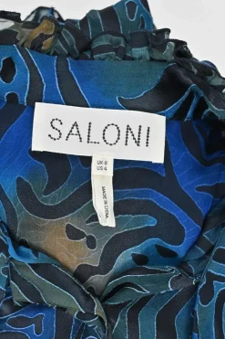 Navy silk abstract print pussy-bow blouse with frill-trimmed stand collar and cuffs
