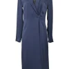 Navy silk Amitara wrap-effect notch collar midi shirt dress
