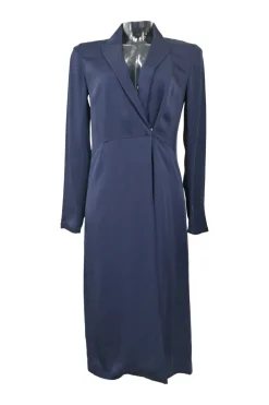 Navy silk Amitara wrap-effect notch collar midi shirt dress