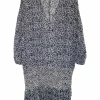 Navy silk floral print pullover plunge shift dress with smocked drop-waistband and blouson sleeves