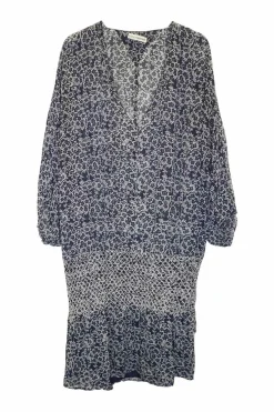 Navy silk floral print pullover plunge shift dress with smocked drop-waistband and blouson sleeves