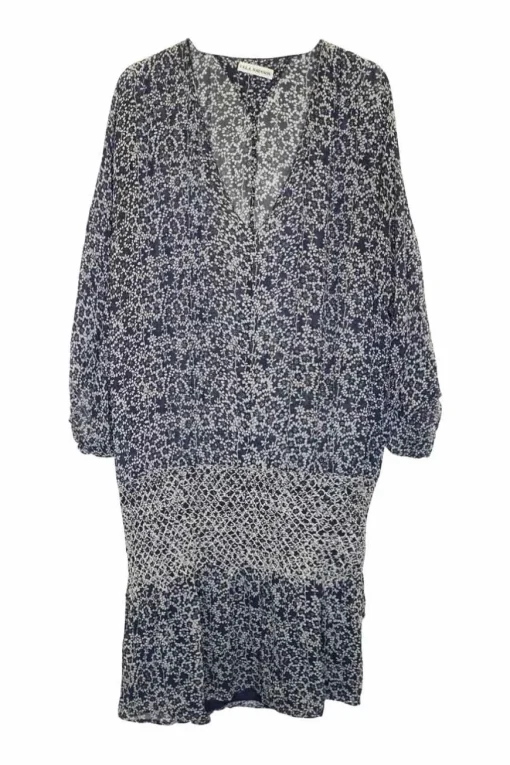 Navy silk floral print pullover plunge shift dress with smocked drop-waistband and blouson sleeves