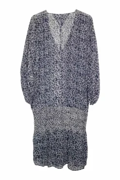 Navy silk floral print pullover plunge shift dress with smocked drop-waistband and blouson sleeves