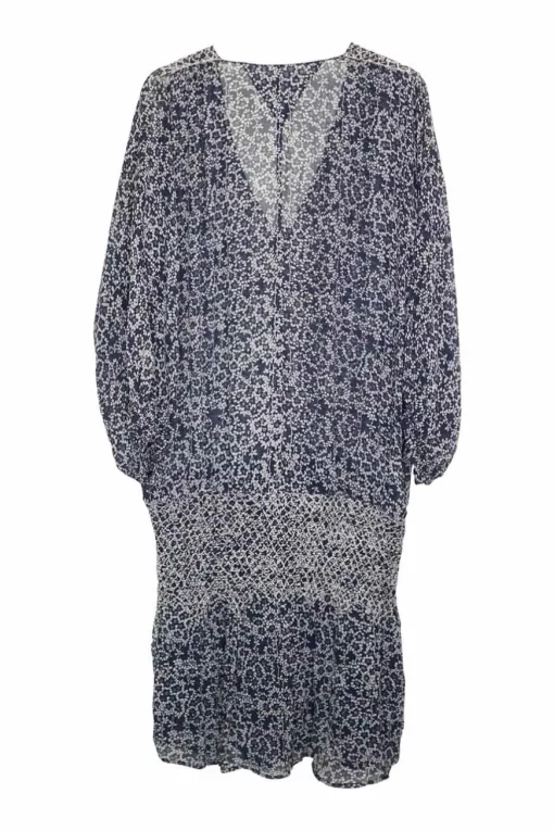 Navy silk floral print pullover plunge shift dress with smocked drop-waistband and blouson sleeves