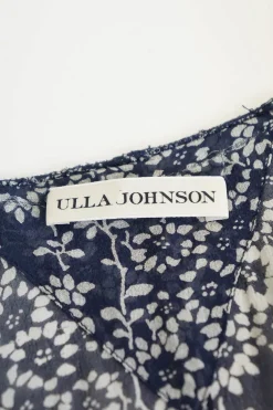 Navy silk floral print pullover plunge shift dress with smocked drop-waistband and blouson sleeves