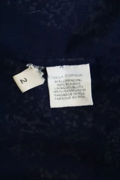 Navy silk floral print pullover plunge shift dress with smocked drop-waistband and blouson sleeves