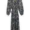 Navy silk floral print Y-collar belted maxi A-line dress with blouson sleeves and ruffle hem