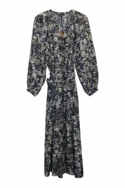 Navy silk floral print Y-collar belted maxi A-line dress with blouson sleeves and ruffle hem