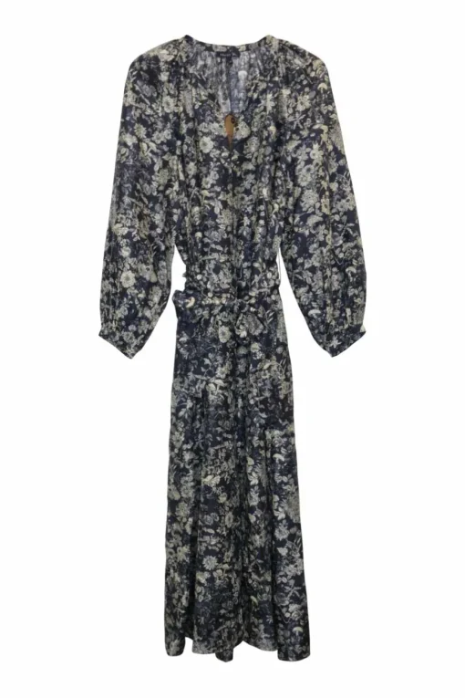 Navy silk floral print Y-collar belted maxi A-line dress with blouson sleeves and ruffle hem