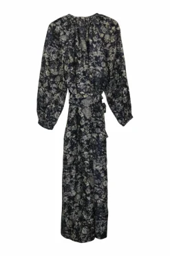 Navy silk floral print Y-collar belted maxi A-line dress with blouson sleeves and ruffle hem