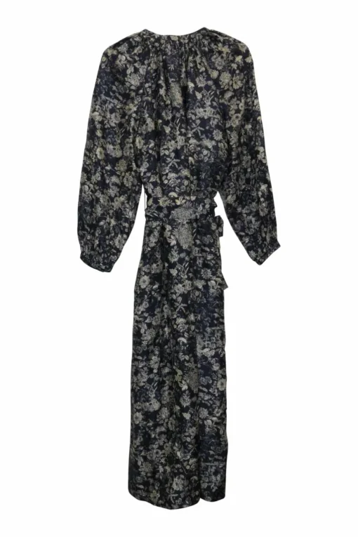 Navy silk floral print Y-collar belted maxi A-line dress with blouson sleeves and ruffle hem