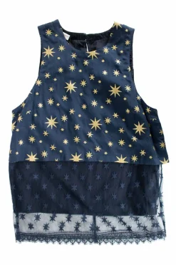 Navy silk foiled star motif layered sleeveless blouse with mesh insert