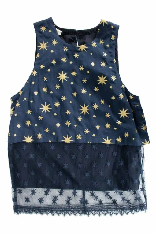 Navy silk foiled star motif layered sleeveless blouse with mesh insert