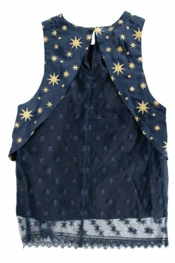 Navy silk foiled star motif layered sleeveless blouse with mesh insert