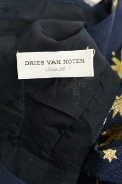 Navy silk foiled star motif layered sleeveless blouse with mesh insert