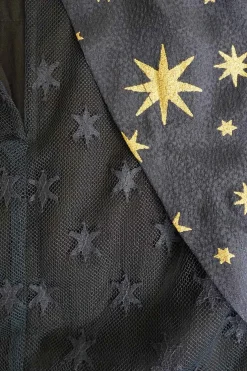 Navy silk foiled star motif layered sleeveless blouse with mesh insert