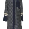Navy silk foulard print band collar button-front shift dress with oversized chest patch pocket