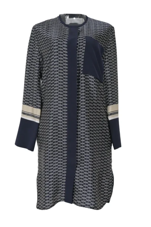 Navy silk foulard print band collar button-front shift dress with oversized chest patch pocket