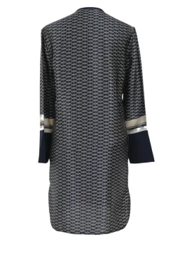 Navy silk foulard print band collar button-front shift dress with oversized chest patch pocket