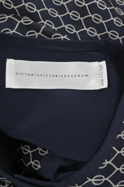 Navy silk foulard print band collar button-front shift dress with oversized chest patch pocket
