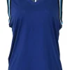 Navy silk jersey knit V-neck sleeveless pullover blouse with striped scye tipping
