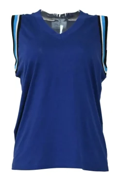 Navy silk jersey knit V-neck sleeveless pullover blouse with striped scye tipping