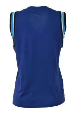 Navy silk jersey knit V-neck sleeveless pullover blouse with striped scye tipping