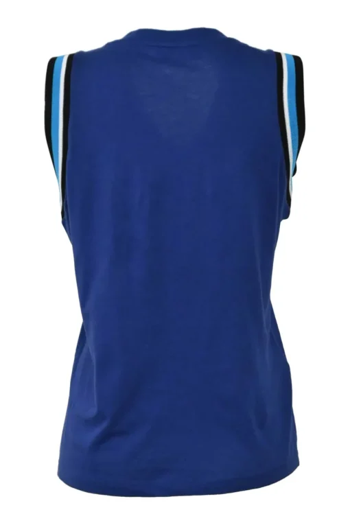 Navy silk jersey knit V-neck sleeveless pullover blouse with striped scye tipping