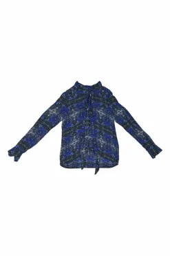 Navy silk kaleidoscopic abstract print pussy-bow blouse with flounce cuffs