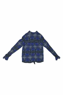 Navy silk kaleidoscopic abstract print pussy-bow blouse with flounce cuffs