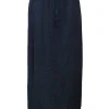 Navy silk Leo jacquard pull-on maxi skirt with elasticated drawstring waist an tonal lace hem insert