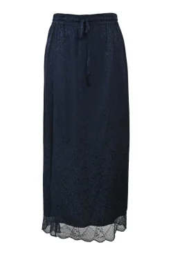 Navy silk Leo jacquard pull-on maxi skirt with elasticated drawstring waist an tonal lace hem insert