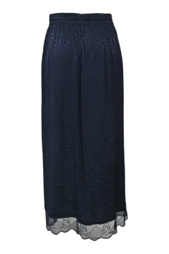Navy silk Leo jacquard pull-on maxi skirt with elasticated drawstring waist an tonal lace hem insert