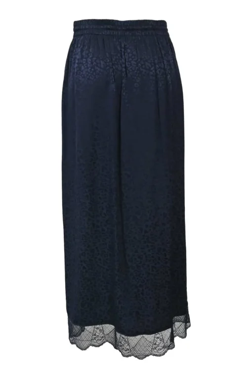 Navy silk Leo jacquard pull-on maxi skirt with elasticated drawstring waist an tonal lace hem insert