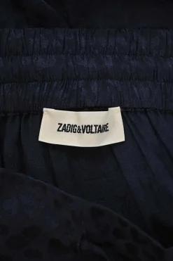 Navy silk Leo jacquard pull-on maxi skirt with elasticated drawstring waist an tonal lace hem insert