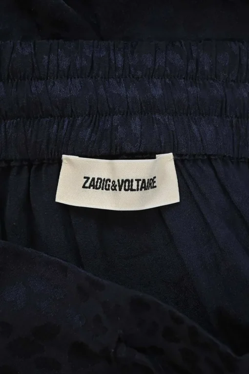 Navy silk Leo jacquard pull-on maxi skirt with elasticated drawstring waist an tonal lace hem insert