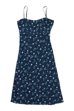 Navy silk Midnight floral print Amelia midi slip dress with adjustable spaghetti straps