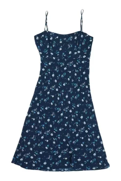 Navy silk Midnight floral print Amelia midi slip dress with adjustable spaghetti straps
