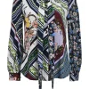 Navy silk patchwork floral print pussy-bow blouse