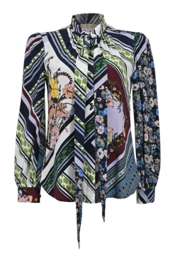 Navy silk patchwork floral print pussy-bow blouse