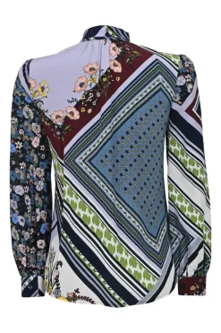 Navy silk patchwork floral print pussy-bow blouse